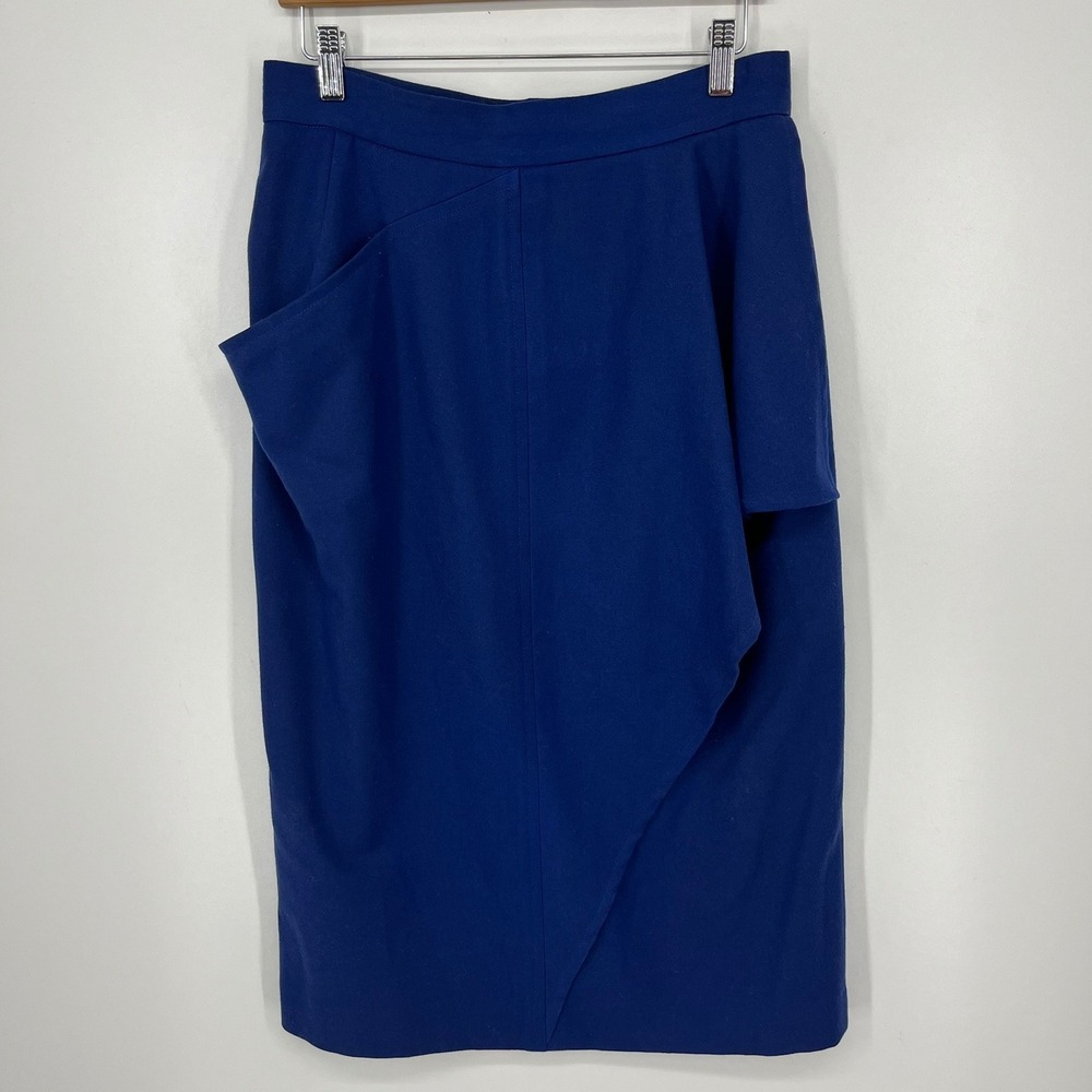 Guy Laroche Paris Vintage 80s Royal Blue Wool Draped Asymmetrical Skirt Size 42